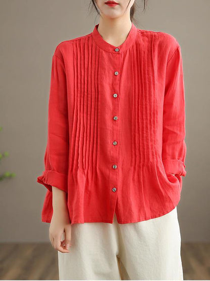 Relaxed stand-collar linen tunic blouse for women -9