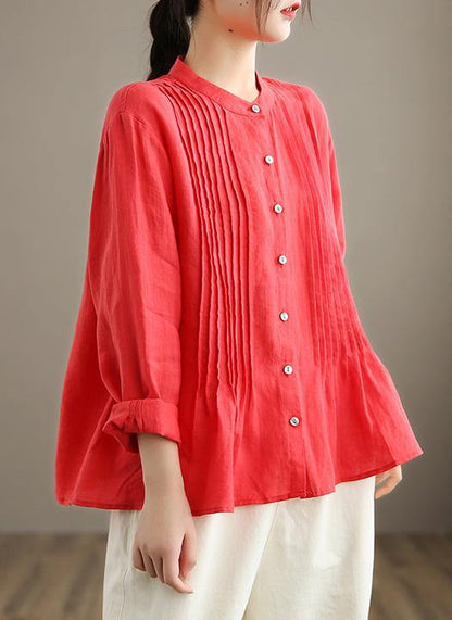 Relaxed stand-collar linen tunic blouse for women -8