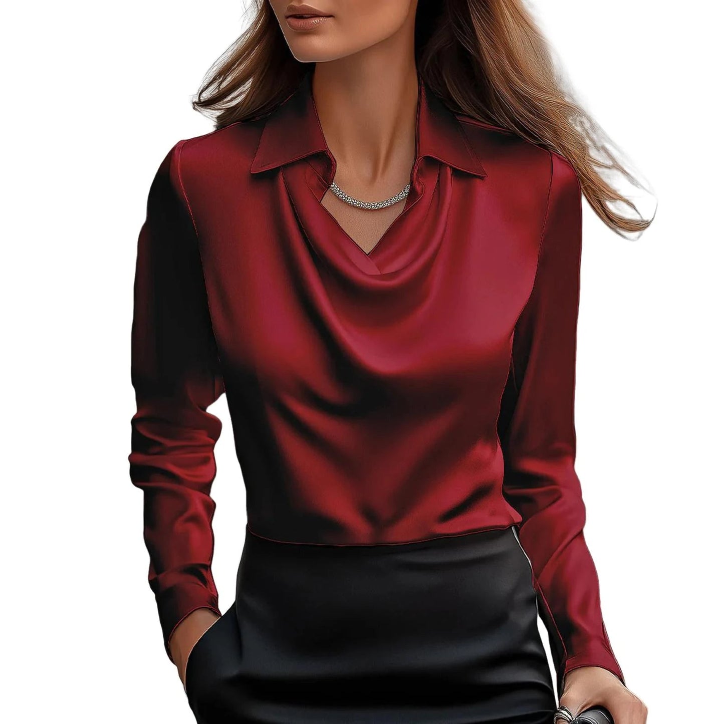 Satin blouse with sculpted cowl neckline and swing collar for women | Muse