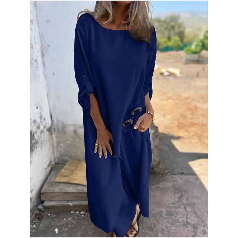 Relaxed fit two piece dress and pants set with decorative buttons for women | Elowara