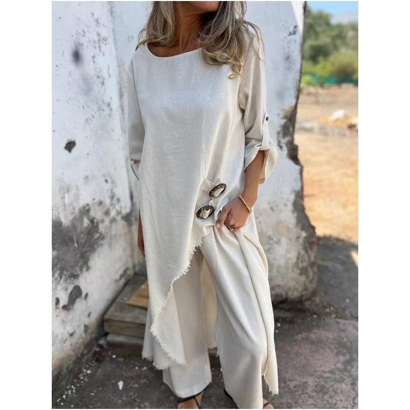 Relaxed fit two piece dress and pants set with decorative buttons for women | Elowara