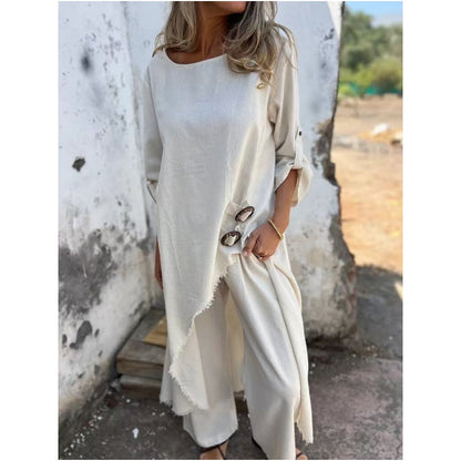 Relaxed fit two piece dress and pants set with decorative buttons for women | Elowara