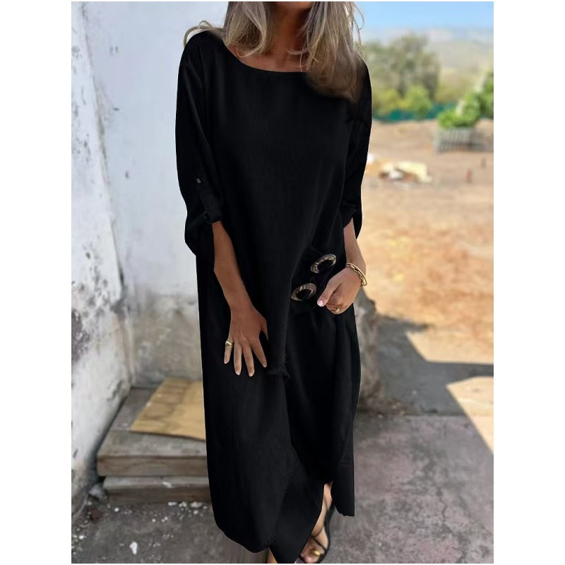 Relaxed fit two piece dress and pants set with decorative buttons for women | Elowara