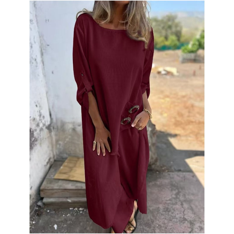 Relaxed fit two piece dress and pants set with decorative buttons for women | Elowara