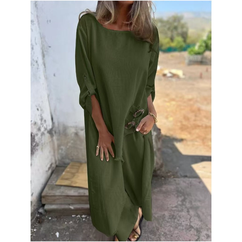 Relaxed fit two piece dress and pants set with decorative buttons for women | Elowara