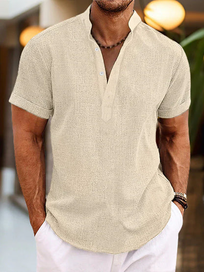 Breathable short-sleeve linen Henley shirt for men | Silas -7
