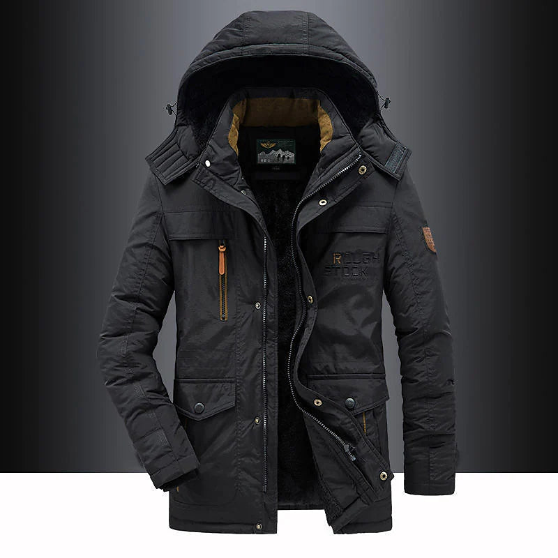 Warm fleece-lined hooded thigh parka for men -1