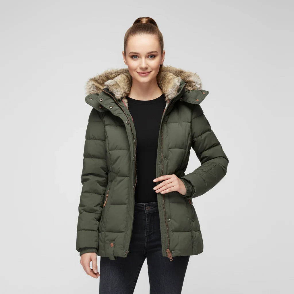 Hooded quilted puffer jacket with fitted silhouette design for women | Aurora