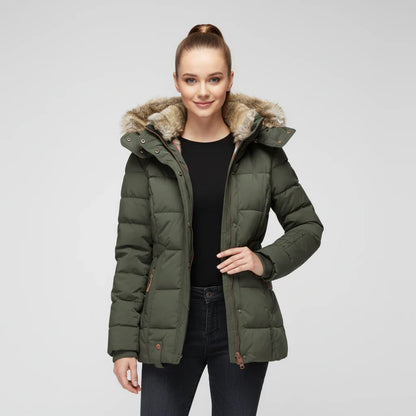 Hooded quilted puffer jacket with fitted silhouette design for women | Aurora