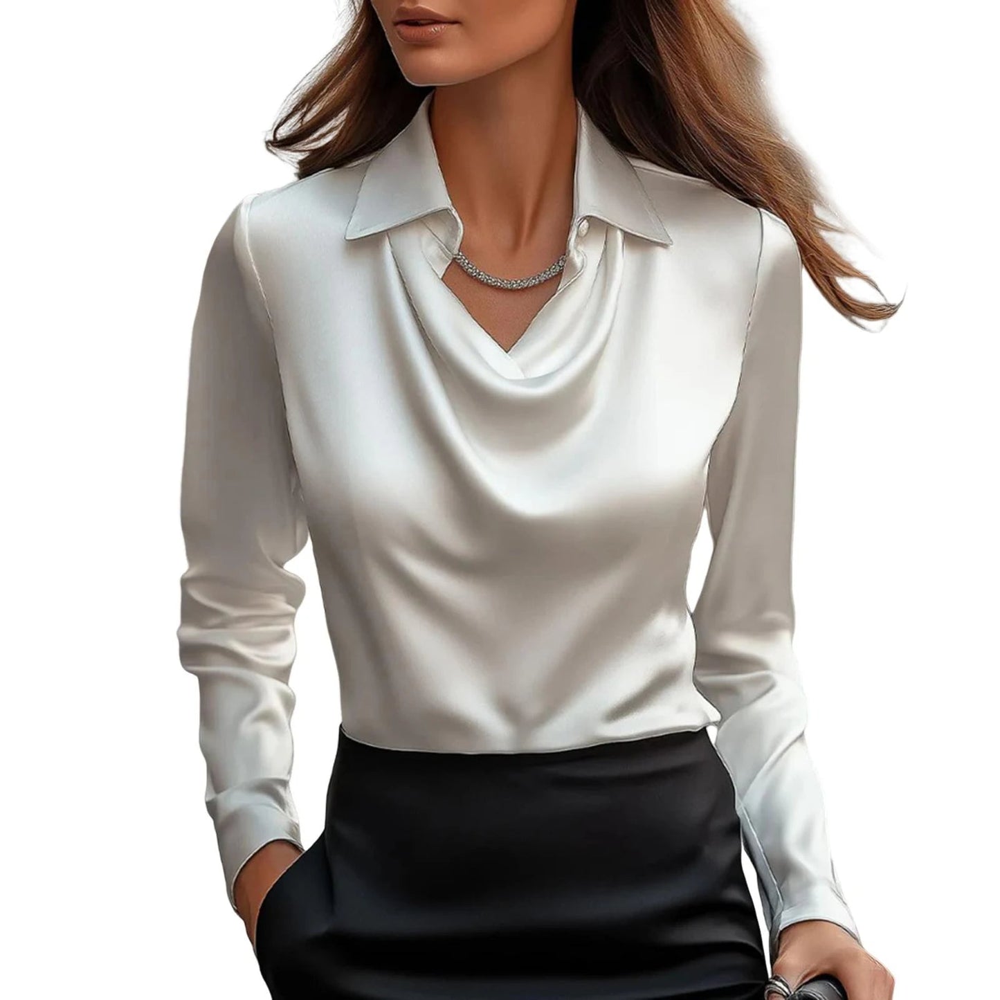 Satin blouse with sculpted cowl neckline and swing collar for women | Muse