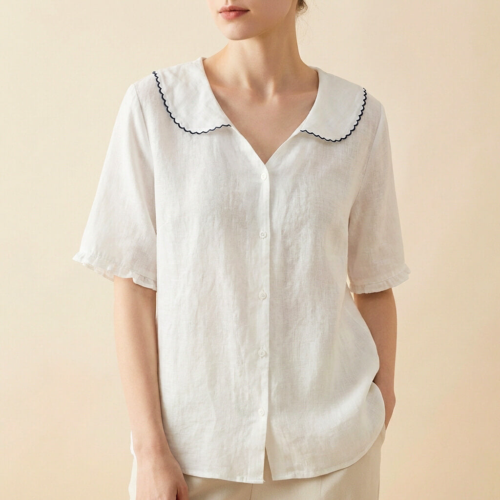 Elegant scalloped collar linen blouse for women | Clara -5