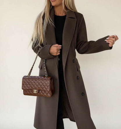 Belted midi winter overcoat with double breasted front design for women | Celeste