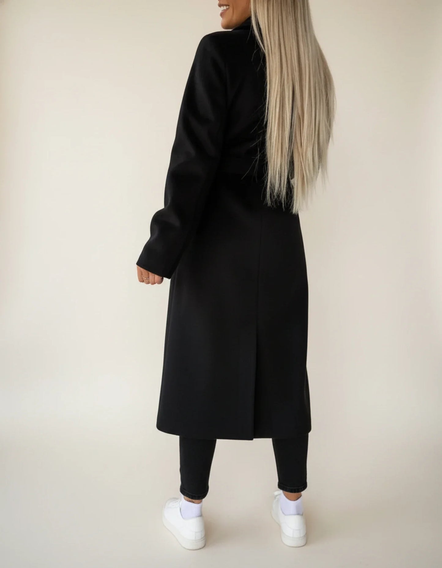Belted midi winter overcoat with double breasted front design for women | Celeste