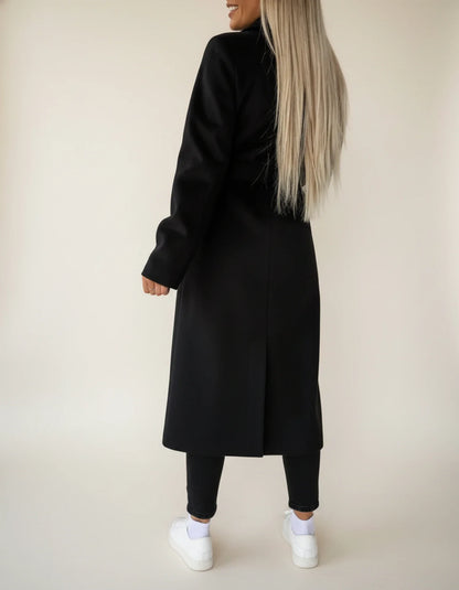 Belted midi winter overcoat with double breasted front design for women | Celeste