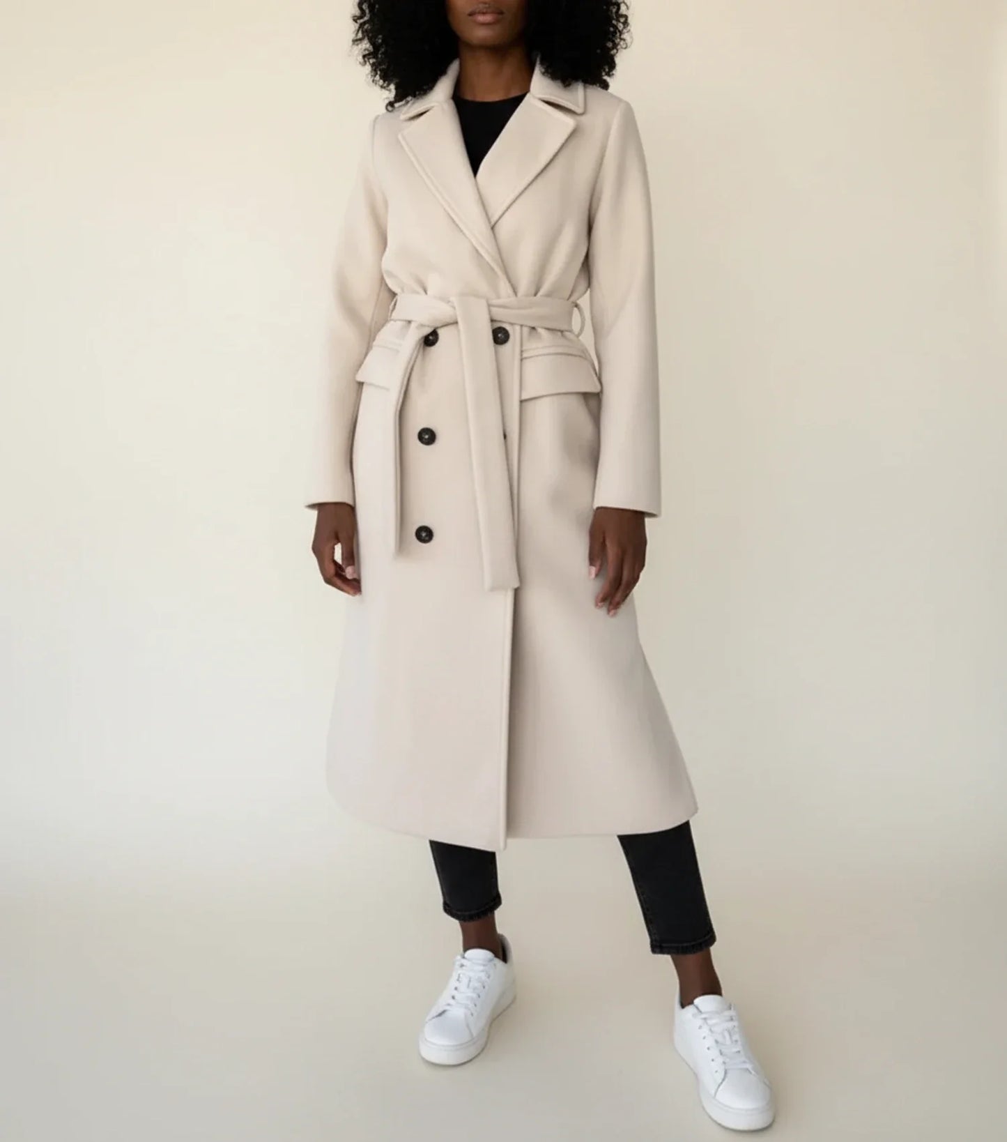 Belted midi winter overcoat with double breasted front design for women | Celeste