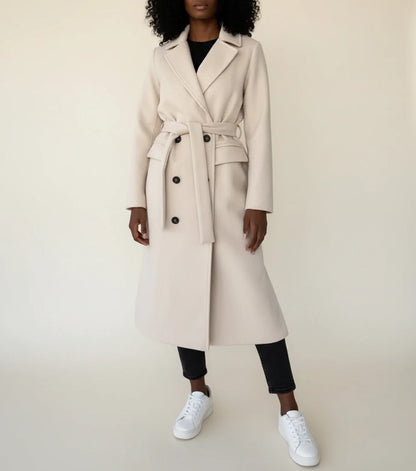 Belted midi winter overcoat with double breasted front design for women | Celeste