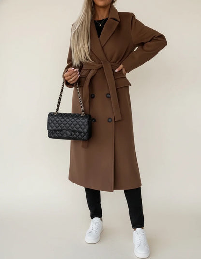 Belted midi winter overcoat with double breasted front design for women | Celeste