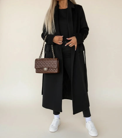 Belted midi winter overcoat with double breasted front design for women | Celeste