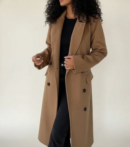 Belted midi winter overcoat with double breasted front design for women | Celeste