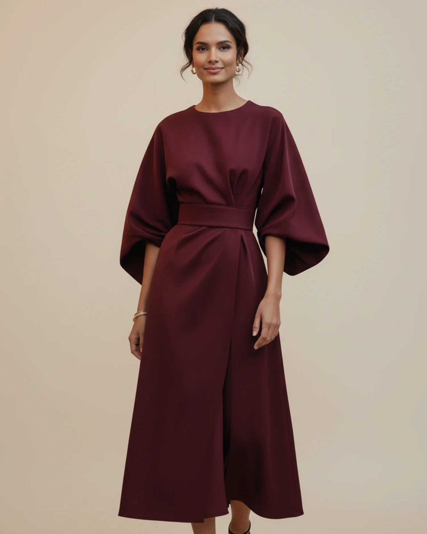 Elegant Belted Wrap Dress Lantern Sleeves for women | Mirella