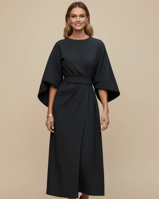 Elegant Belted Wrap Dress Lantern Sleeves for women | Mirella