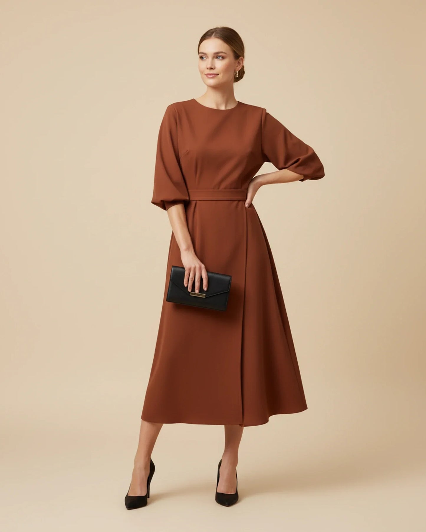 Elegant Belted Wrap Dress Lantern Sleeves for women | Mirella
