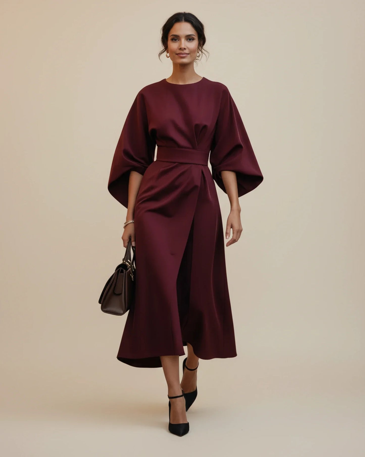 Elegant Belted Wrap Dress Lantern Sleeves for women | Mirella