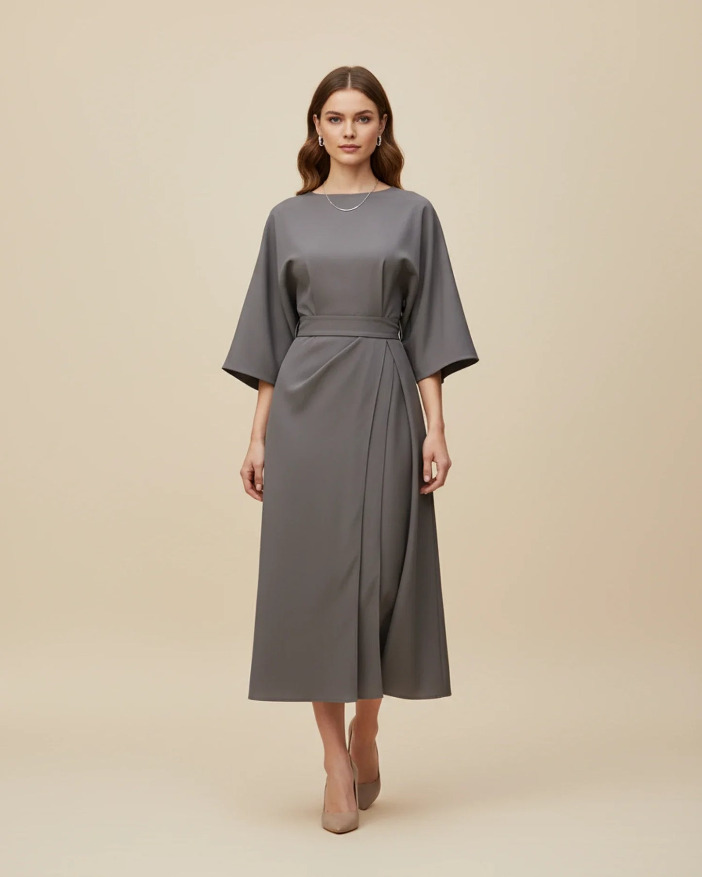Elegant Belted Wrap Dress Lantern Sleeves for women | Mirella