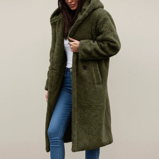 Long hooded winter coat with button front and patch pockets for women | Selene
