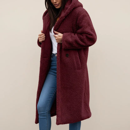 Long hooded winter coat with button front and patch pockets for women | Selene