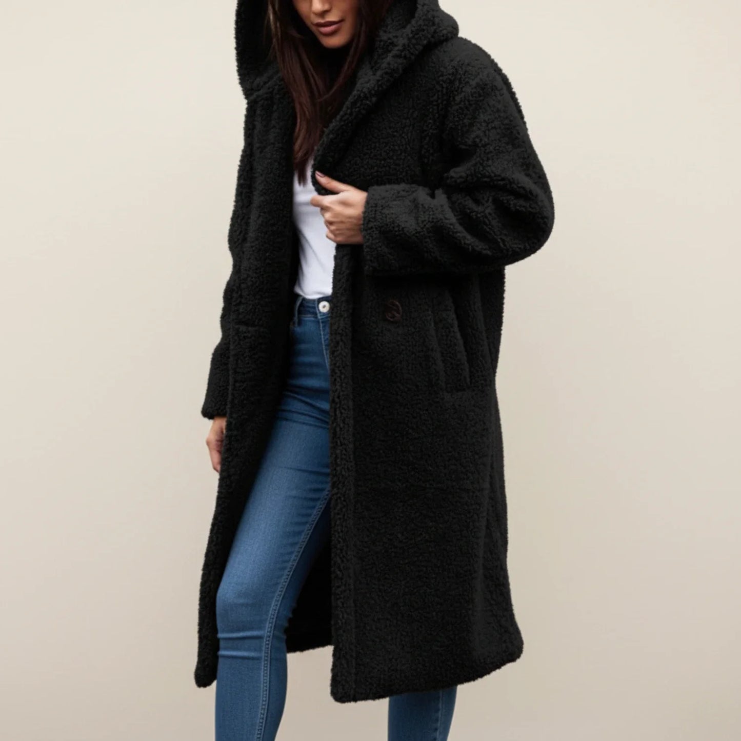 Long hooded winter coat with button front and patch pockets for women | Selene