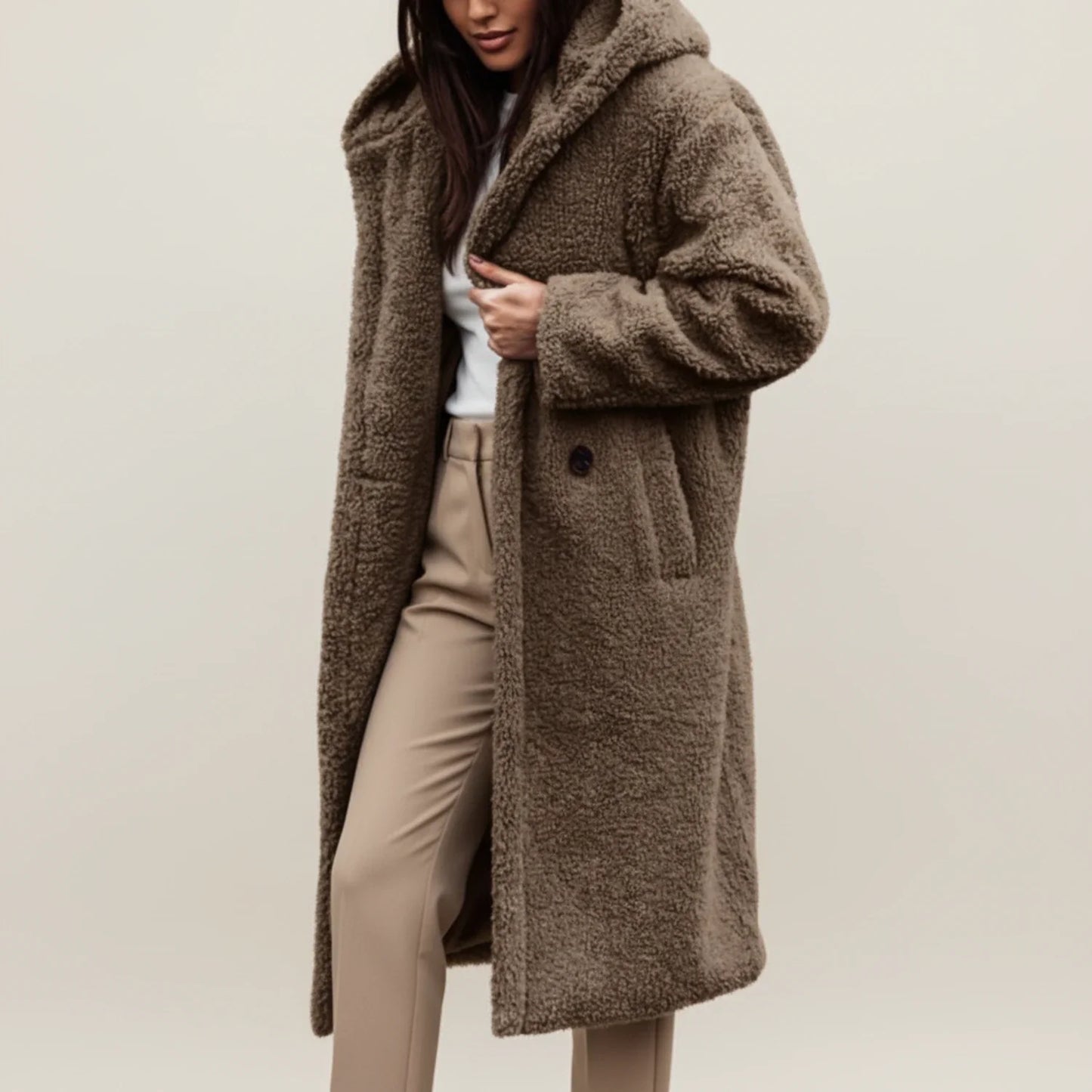 Long hooded winter coat with button front and patch pockets for women | Selene