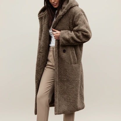 Long hooded winter coat with button front and patch pockets for women | Selene
