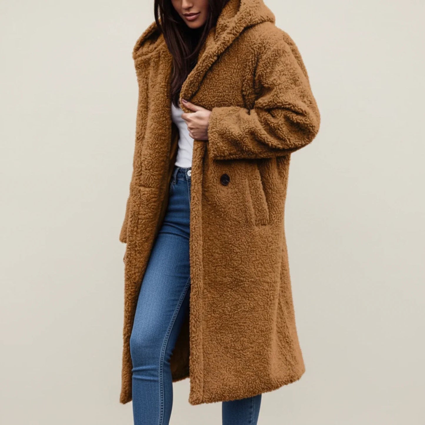 Long hooded winter coat with button front and patch pockets for women | Selene