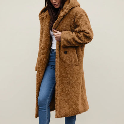 Long hooded winter coat with button front and patch pockets for women | Selene