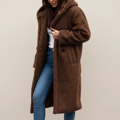 Long hooded winter coat with button front and patch pockets for women | Selene