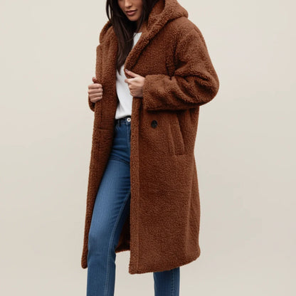 Long hooded winter coat with button front and patch pockets for women | Selene