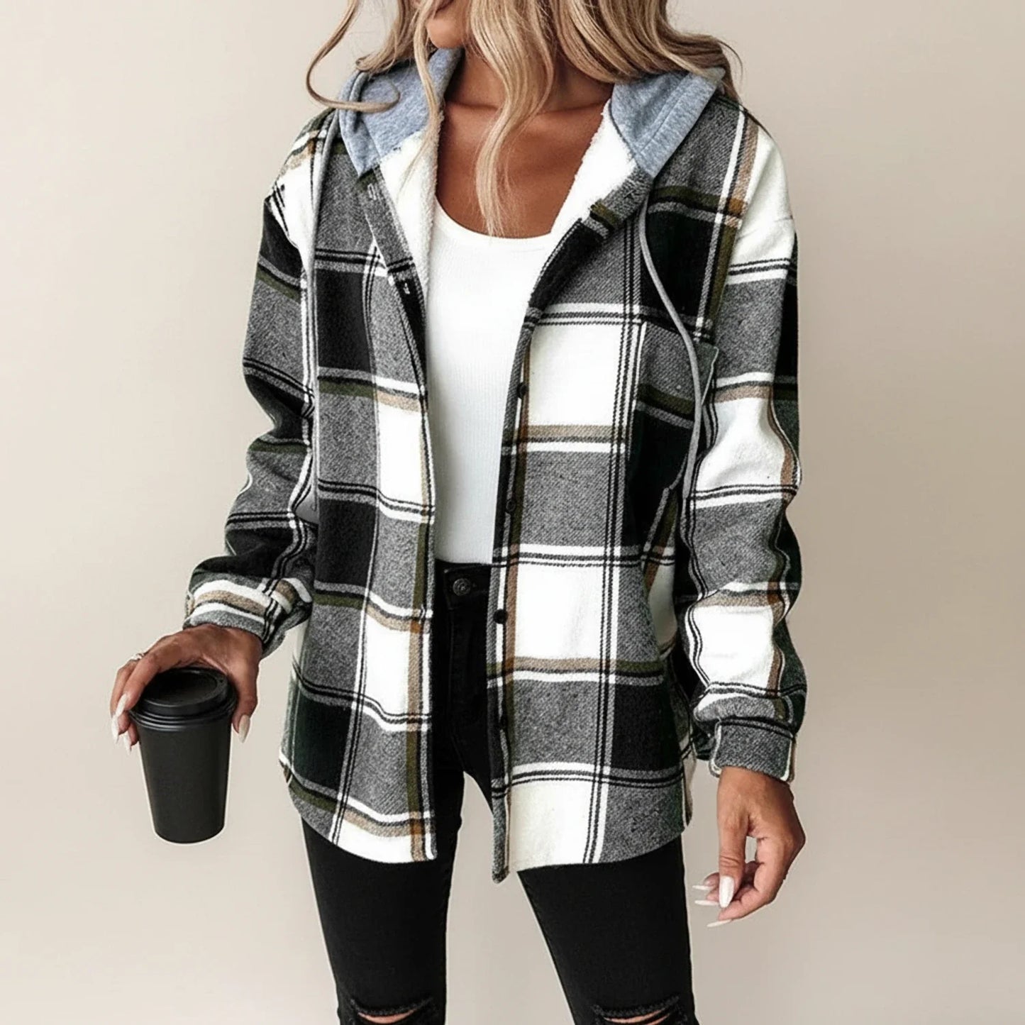 Plaid Hooded Button Down Shirt Jacket for women | Elowen