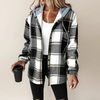 Plaid Hooded Button Down Shirt Jacket for women | Elowen