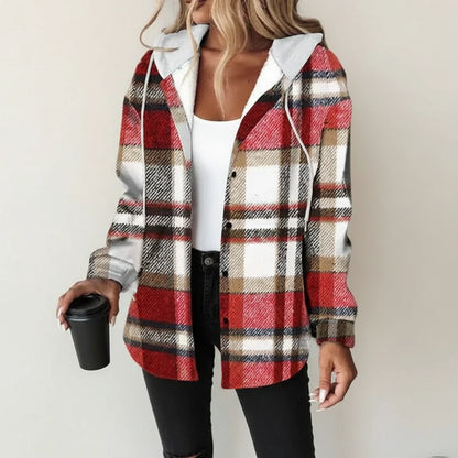 Plaid Hooded Button Down Shirt Jacket for women | Elowen