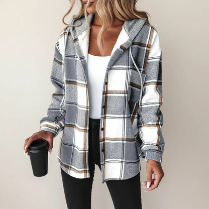 Plaid Hooded Button Down Shirt Jacket for women | Elowen