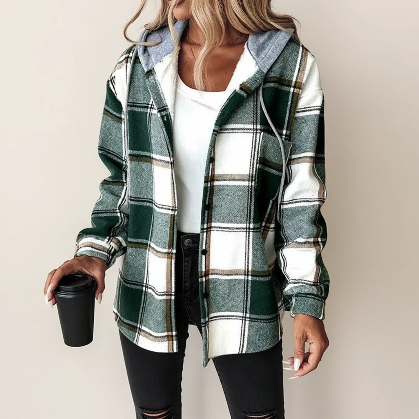 Plaid Hooded Button Down Shirt Jacket for women | Elowen