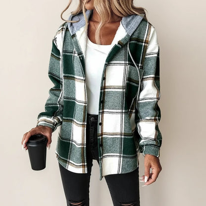 Plaid Hooded Button Down Shirt Jacket for women | Elowen