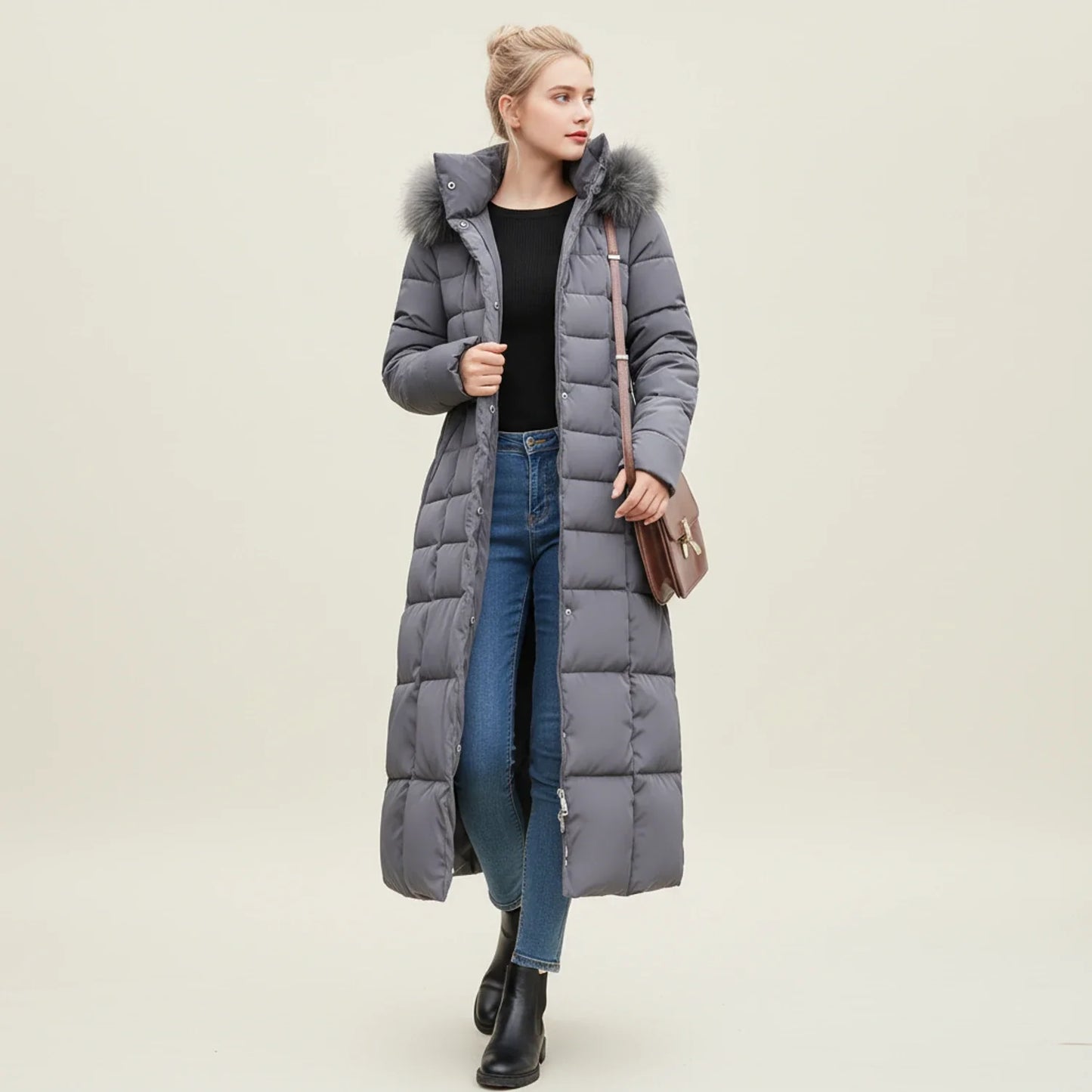 Hooded long puffer winter jacket with belted waist detail for women | Elara