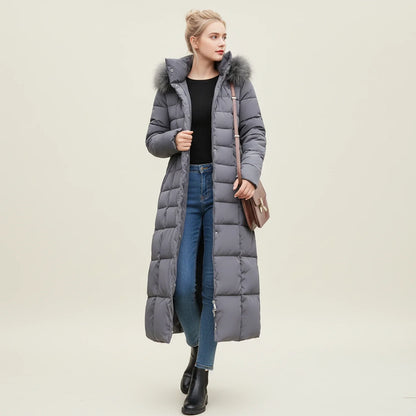 Hooded long puffer winter jacket with belted waist detail for women | Elara