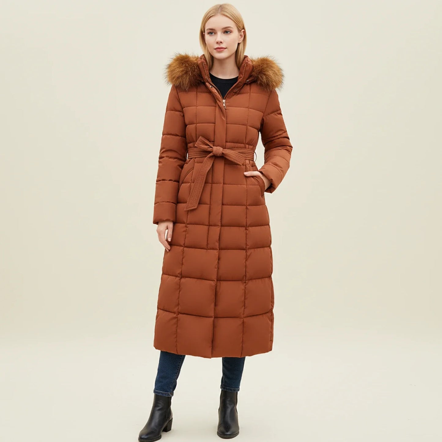Hooded long puffer winter jacket with belted waist detail for women | Elara