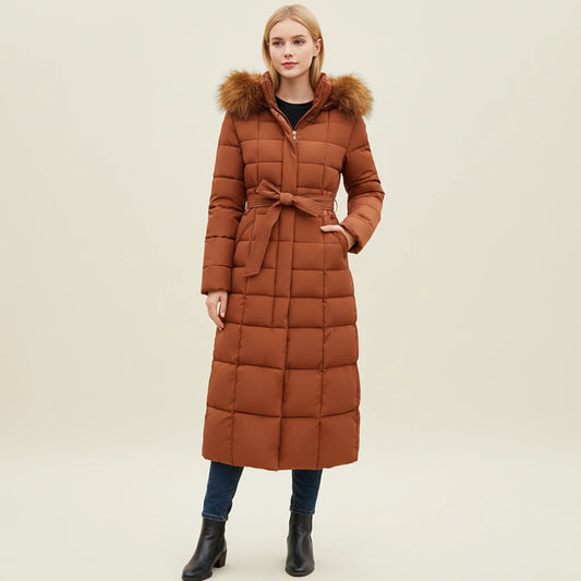 Hooded long puffer winter jacket with belted waist detail for women | Elara