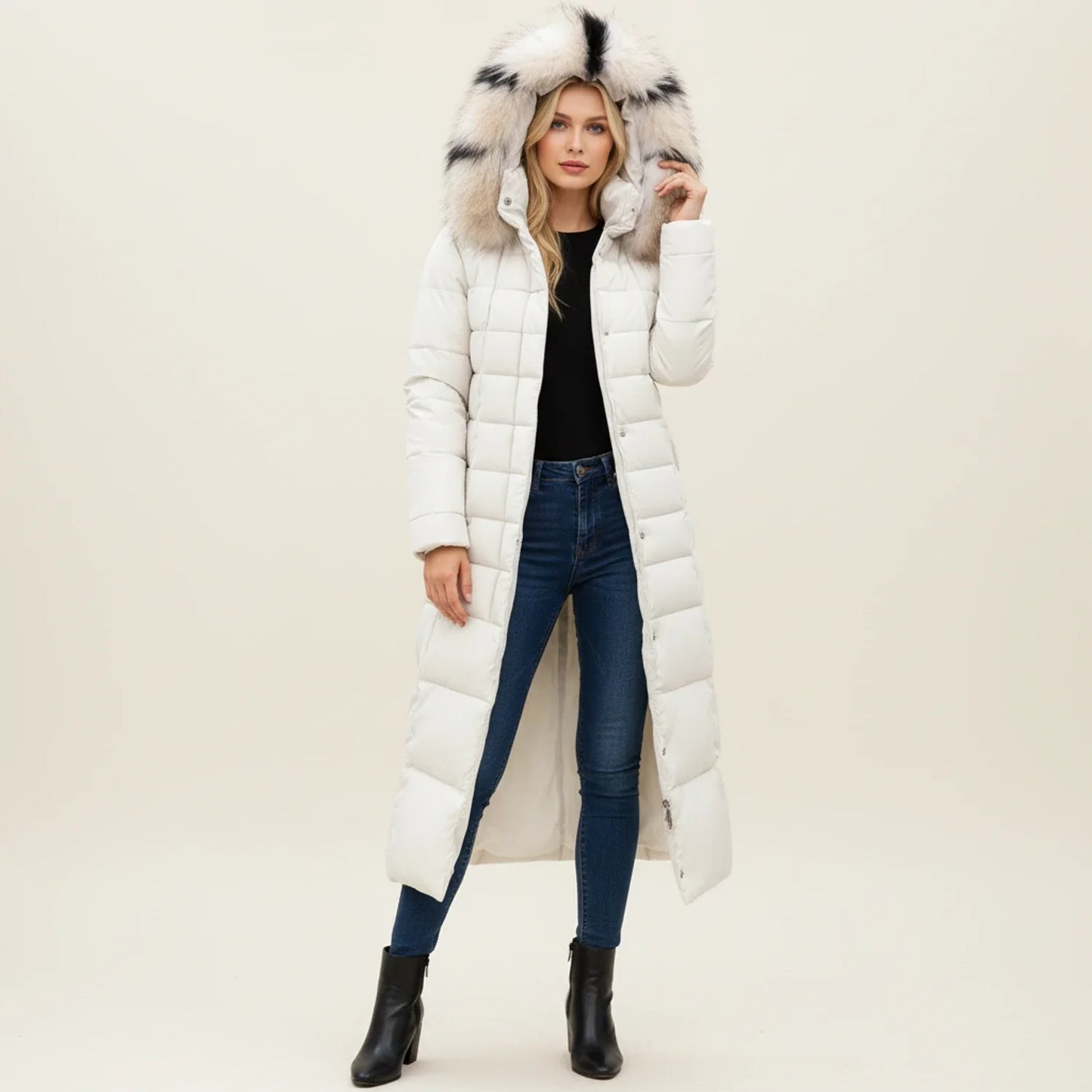 Hooded long puffer winter jacket with belted waist detail for women | Elara