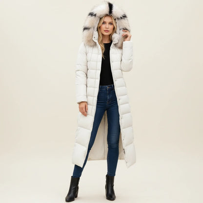 Hooded long puffer winter jacket with belted waist detail for women | Elara