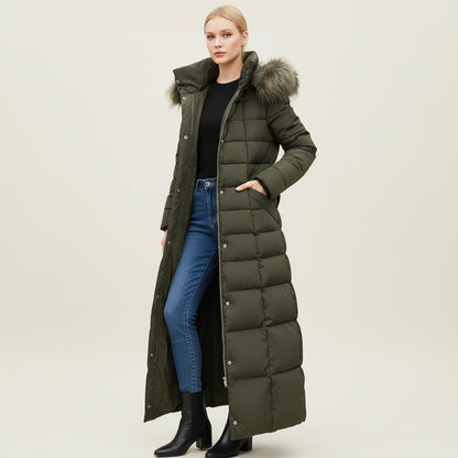 Hooded long puffer winter jacket with belted waist detail for women | Elara